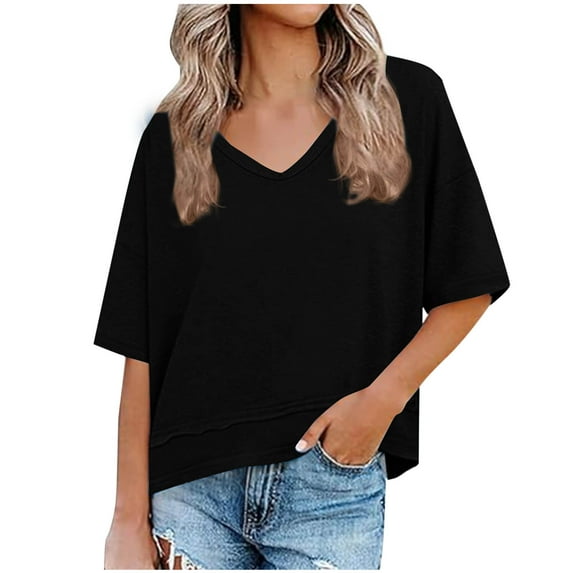 Women's Crop Tops Summer Casual Oversized Tshirts Drop Shoulder Short Sleeve V Neck Loose Fit Workout Yoga Basic Tees (2XL, Black)