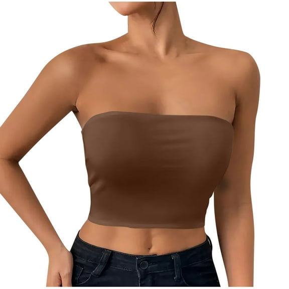 Women's Crop Tube Tops Base Undershirt Summer Casual Going Out Blouses Off Shoulder Clubwear (L, Brown)