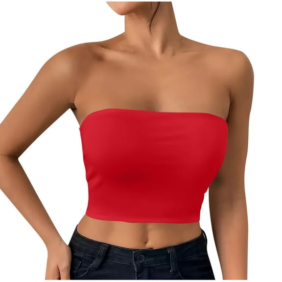 Women's Crop Tube Tops Base Undershirt Summer Casual Going Out Blouses Off Shoulder Clubwear (L, Red)