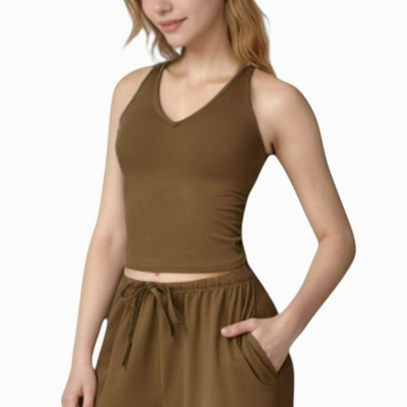 Women's Cropped Active Tank Top with Built-In Bra and Racerback Design - Medium, Brown