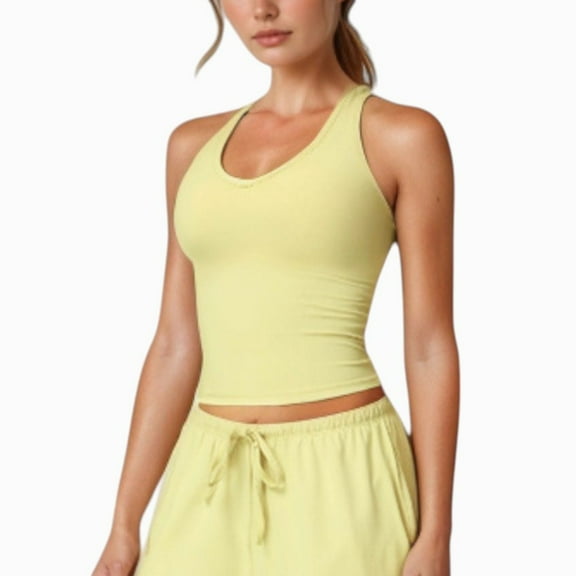 Women's Cropped Active Tank Top with Built-In Bra and Racerback Design - X Large, Yellow