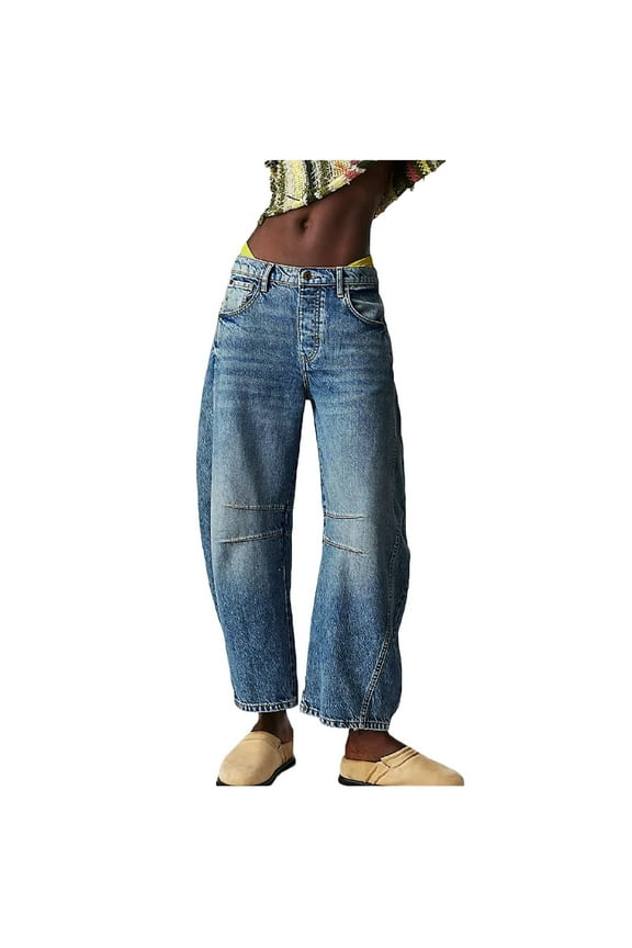 Women's Cropped Barrel Jeans Baggy Boyfriend Denim Pants Mid Waist Wide Leg Loose Fit, Vintage Washed Straight Leg Casual Jeans for Effortless Style,Royal Blue XL