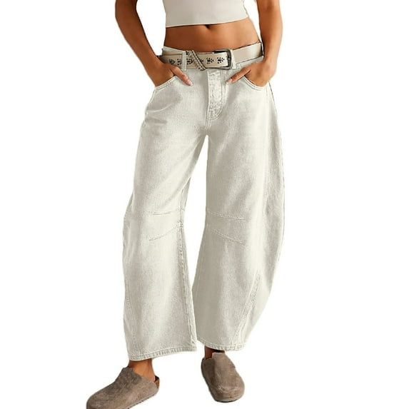 Women's Cropped Barrel Jeans Baggy Boyfriend Denim Pants Mid Waist Wide Leg Loose Fit, Vintage Washed Straight Leg Casual Jeans for Effortless Style,White M