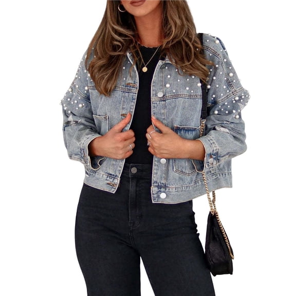 Women's Cropped Beading Jean Jacket Ripped Star Embroidered Denim Jacket Coat Light Blue L