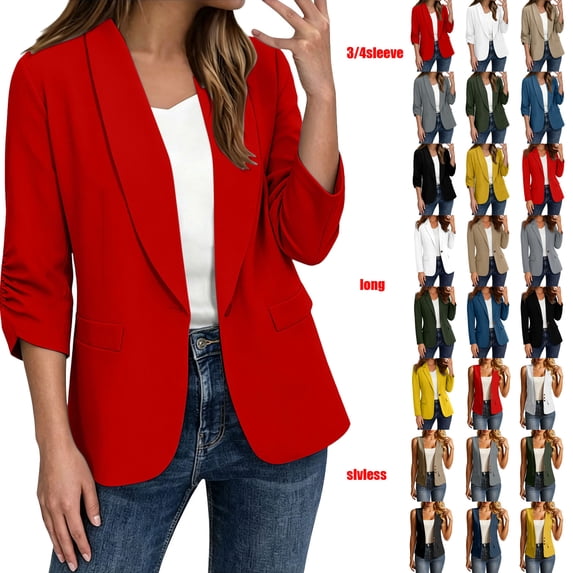 Women’s Cropped Blazer Business Casual, 3/4 Ruched Sleeve Short Blazer Lightweight Suit Jacket Red