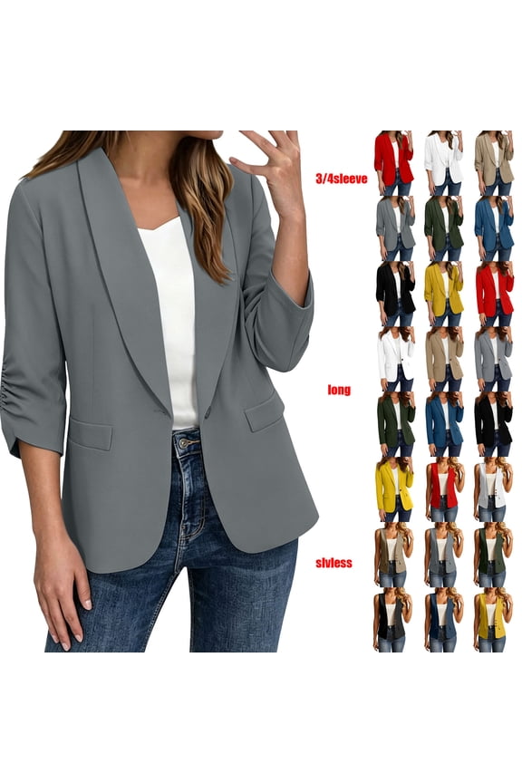 Women's Cropped Blazers 3/4 Ruched Sleeve Lightweight Office Wear Short Blazer Gray