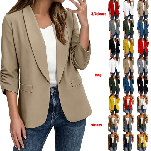 Women's Cropped Blazers 3/4 Ruched Sleeve Lightweight Office Wear Short Blazer Khaki