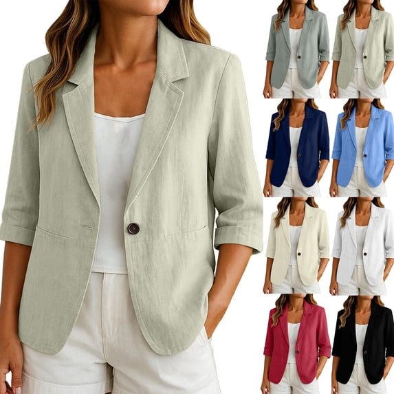 Women's Cropped Blazers 3/4 Ruched Sleeve Lightweight office Wear Short Blazer with Button Gray XL(XL)