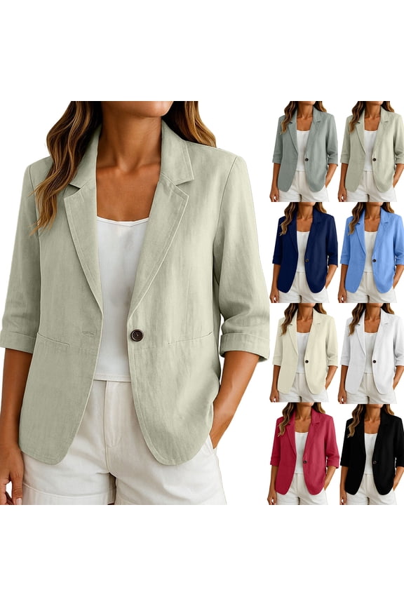 Women's Cropped Blazers 3/4 Ruched Sleeve Lightweight office Wear Short Blazer with Button Gray XL(XL)