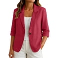 thumbnail image 1 of Women's Cropped Blazers 3/4 Ruched Sleeve Lightweight office Wear Short Blazer with Button Red L(L), 1 of 8