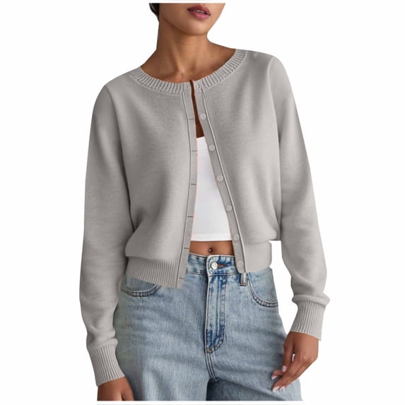 Women's Cropped Bolero Button Shrug Crew Neck Open Front Knit Sweater Lightweight Layering Piece Early Fall Fashion Essential