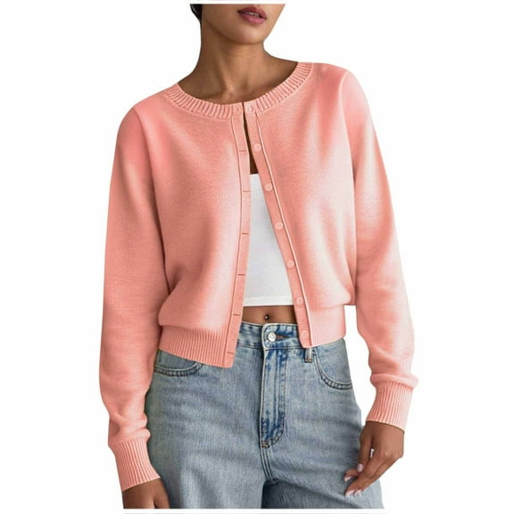 Women's Cropped Bolero Button Shrug Crew Neck Open Front Knit Sweater Lightweight Layering Piece Early Fall Fashion Essential