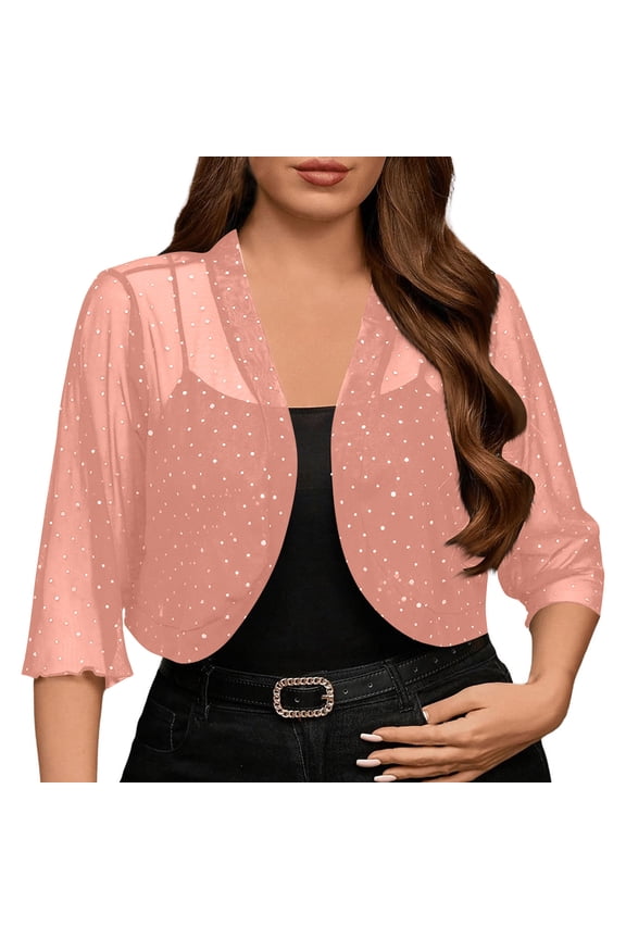 Women's Cropped Bolero Shrug Open Front 3/4 Sleeve Mesh Sequin Jackets Sparkly Shiny Party Elegant Casual Blouse Tops