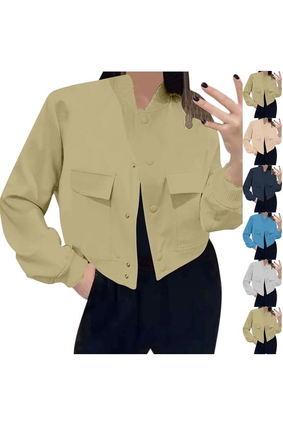 Women's Cropped Bomber Jacket Lightweight Casual Button Up Coat Fashion Cargo Windbreaker Outerwear with Pockets