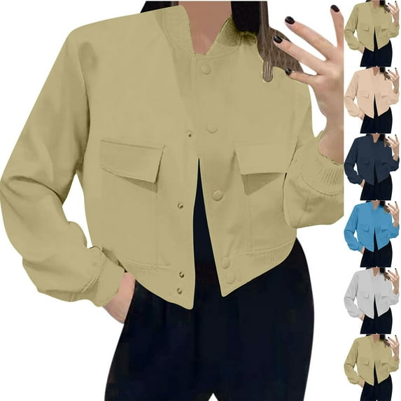 Women's Cropped Bomber Jacket Lightweight Casual Button Up Coat Fashion Cargo Windbreaker Outerwear with Pockets