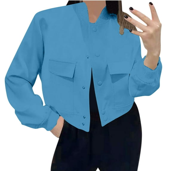 Women's Cropped Bomber Jacket Lightweight Casual Button Up Coat Fashion Cargo Windbreaker Outerwear with Pockets