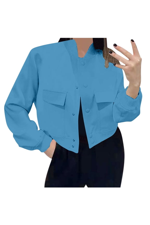 Women's Cropped Bomber Jacket Lightweight Casual Button Up Coat Fashion Cargo Windbreaker Outerwear with Pockets
