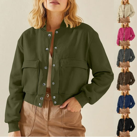 Women's Cropped Bomber Jacket Long Sleeve Button Down Fleece Crop Shacket Lightweight Fall Winter Coat Fashion Outerwear with Pockets