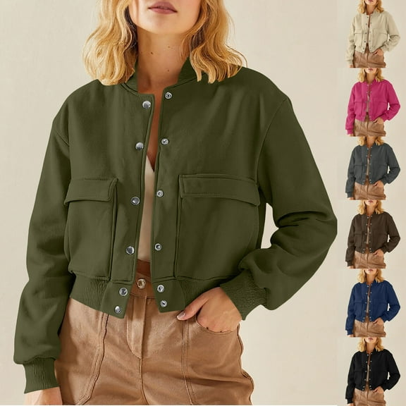 Women's Cropped Bomber Jacket Long Sleeve Button Down Fleece Crop Shacket Lightweight Fall Winter Coat Fashion Outerwear with Pockets