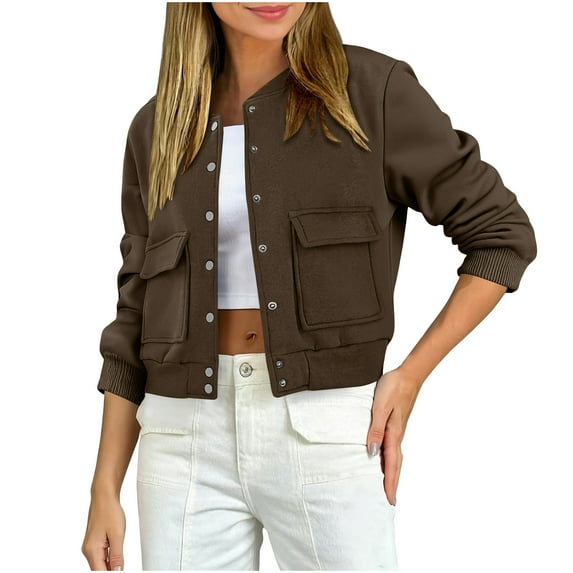 Women's Cropped Bomber Jacket Long Sleeve Button Down Fleece Crop Shacket Lightweight Fall Winter Coat Fashion Outerwear with Pockets