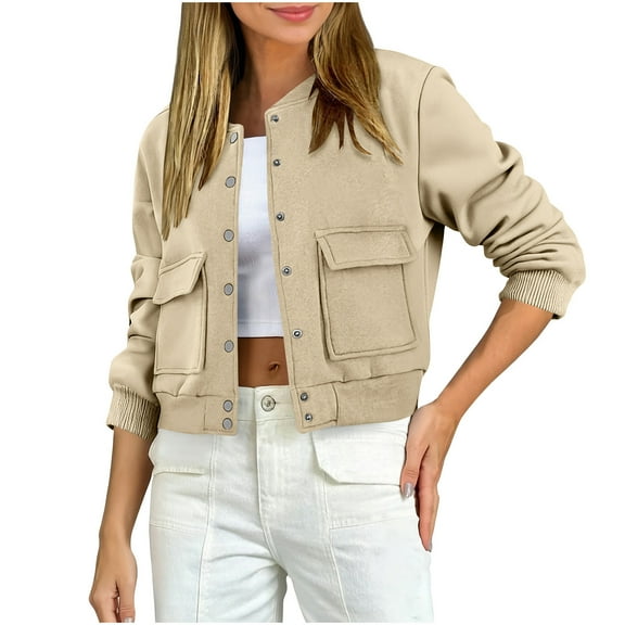Women's Cropped Bomber Jacket Long Sleeve Button Down Fleece Crop Shacket Lightweight Fall Winter Coat Fashion Outerwear with Pockets