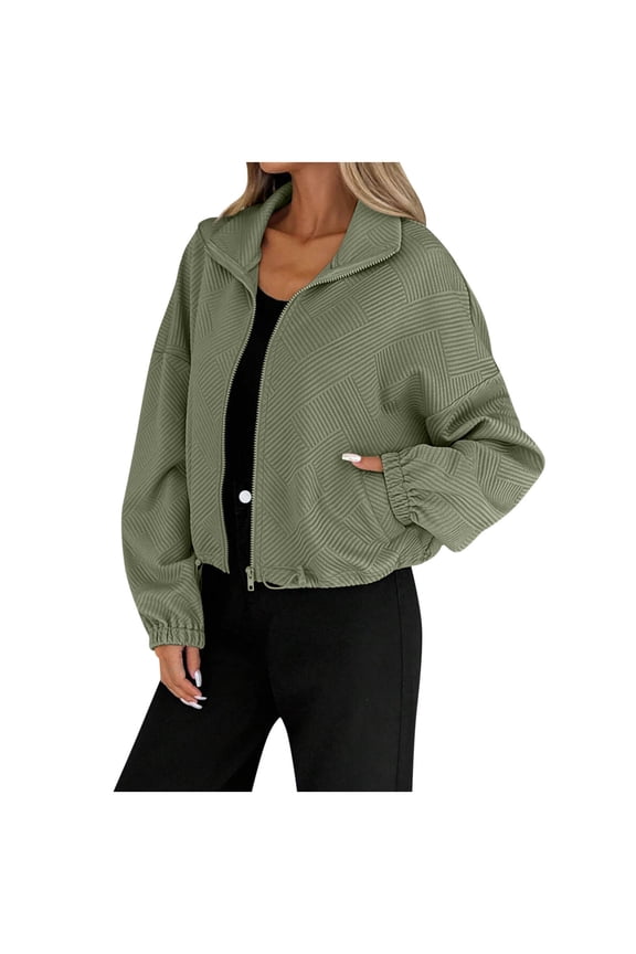 Women's Cropped Bomber Jackets Casual Zip Up Textured Jacket Lightweight Hooded Coats Dressy Outerwear with Pocket