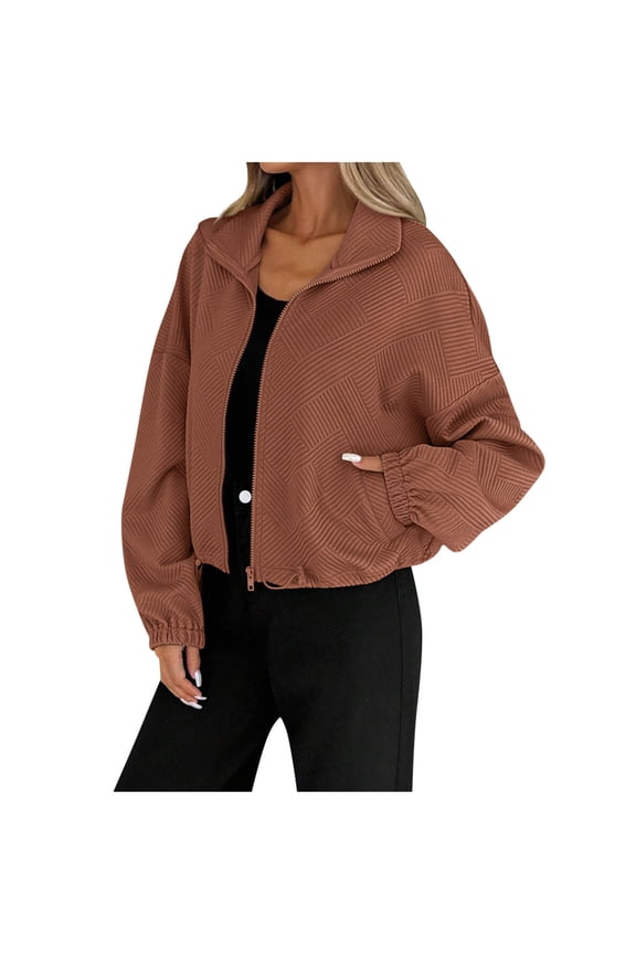 Women's Cropped Bomber Jackets Casual Zip Up Textured Jacket Lightweight Hooded Coats Dressy Outerwear with Pocket
