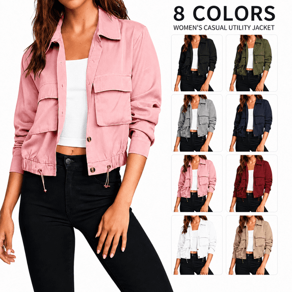 Women's Cropped Bomber Jackets Lightweight Button Front Stand Collar Drawstring Hem Long Sleeve Coat with Pockets