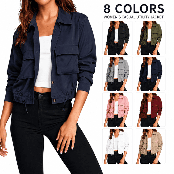 Women's Cropped Bomber Jackets Lightweight Button Front Stand Collar Drawstring Hem Long Sleeve Coat with Pockets
