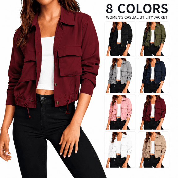 Women's Cropped Bomber Jackets Lightweight Button Front Stand Collar Drawstring Hem Long Sleeve Coat with Pockets