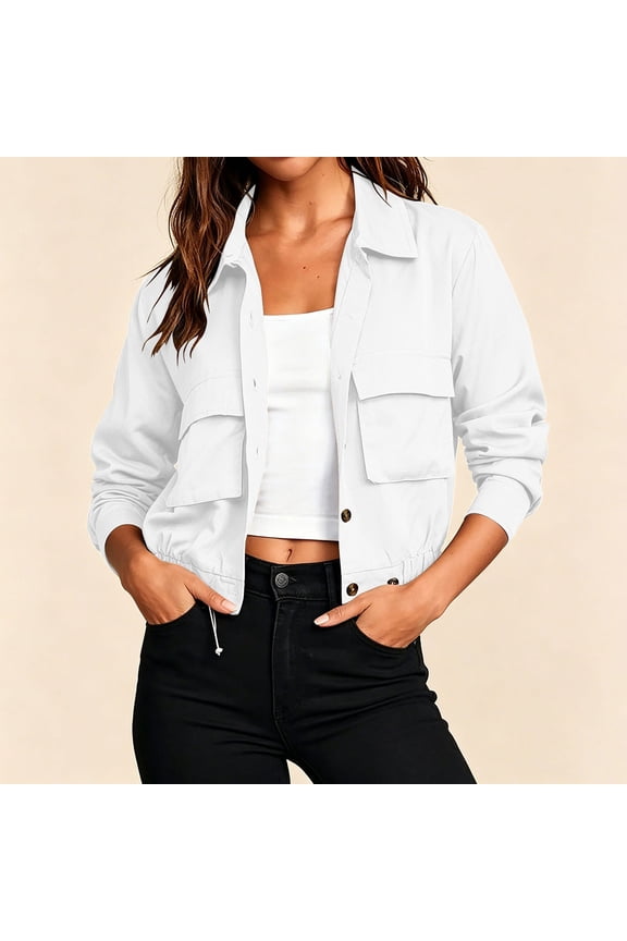 Women's Cropped Bomber Jackets Lightweight Button Front Stand Collar Drawstring Hem Long Sleeve Coat with Pockets