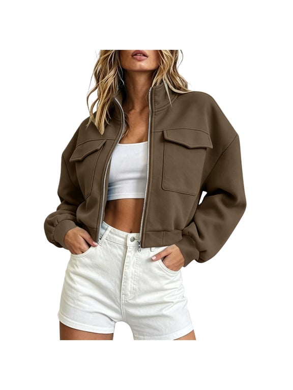 Women's Cropped Bomber Jackets Zip-Up Collared Long Sleeve Cargo Coat Fall Casual Going Out Crop Outerwear Tops With Pockets
