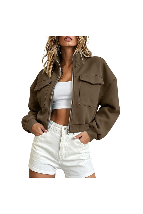 Women's Cropped Bomber Jackets Zip-Up Collared Long Sleeve Cargo Coat Fall Casual Going Out Crop Outerwear Tops With Pockets
