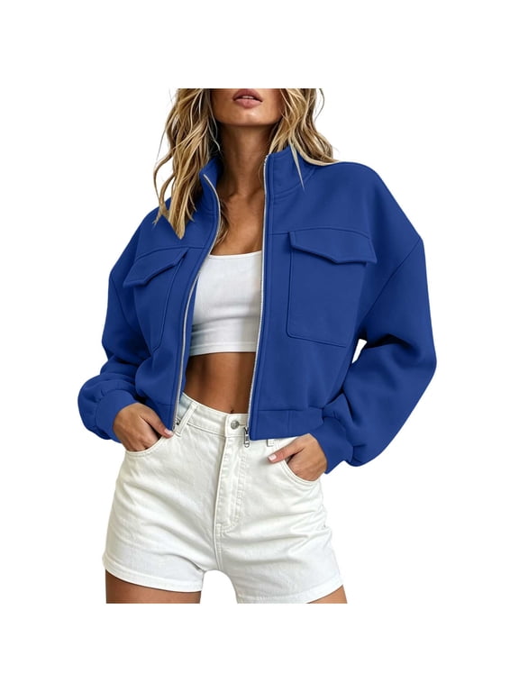 Women's Cropped Bomber Jackets Zip-Up Collared Long Sleeve Cargo Coat Fall Casual Going Out Crop Outerwear Tops With Pockets