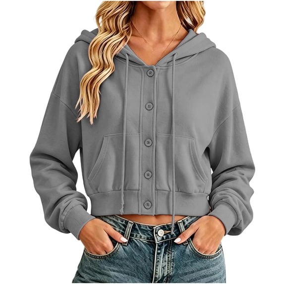 Women's Cropped Button Down Hoodie Drawstring Long Sleeve Sweatshirt with Pockets