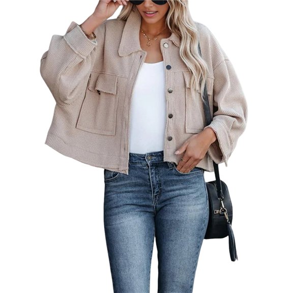 Women's Cropped Button Down Long Sleeve Jackets Raw Hem Jacket with Pockets Winter Fall Coat Khaki S