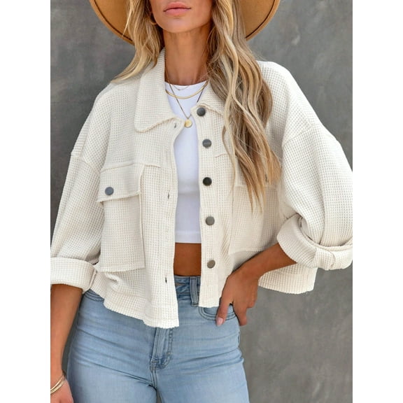Women's Cropped Button-Up Jacket with Chest Pockets and Collared Neckline - Large, White