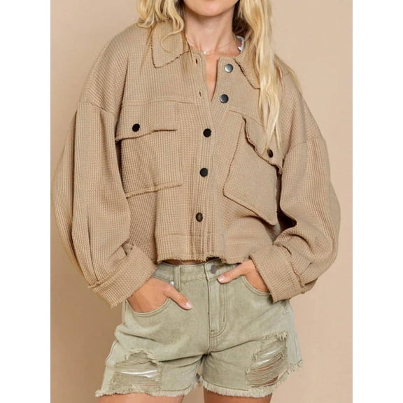 Women's Cropped Button-Up Jacket with Chest Pockets and Collared Neckline - Small, Khaki