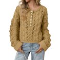 thumbnail image 1 of Women's Cropped Cable Knit Sweater Oversized Half Button Pullover (Khaki, L), 1 of 4