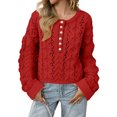 thumbnail image 1 of Women's Cropped Cable Knit Sweater Oversized Half Button Pullover (Red, L), 1 of 4