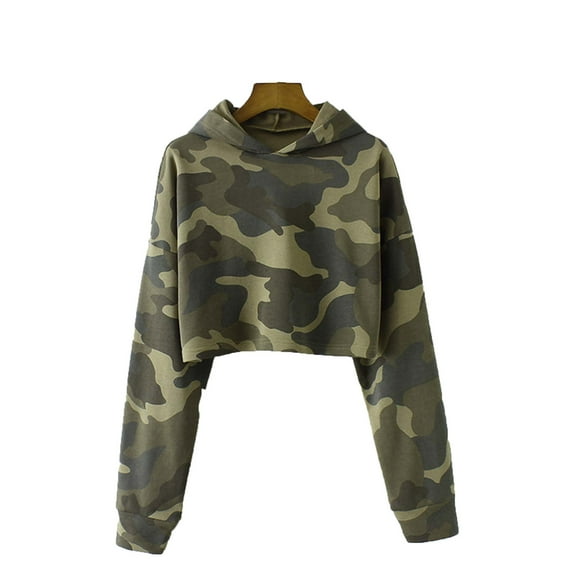 Women's Cropped Camo Hoodies 2024 Fall Long Sleeve Loose Fit Casual Hooded Sweatershirt Tops for Teen Girls
