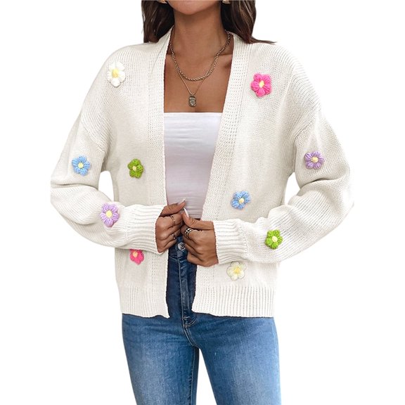 Women's Cropped Cardigan Long-Sleeved Sweaters Boho Crochet Floral Embroidery Oversized Open Front Knit Outwear White S