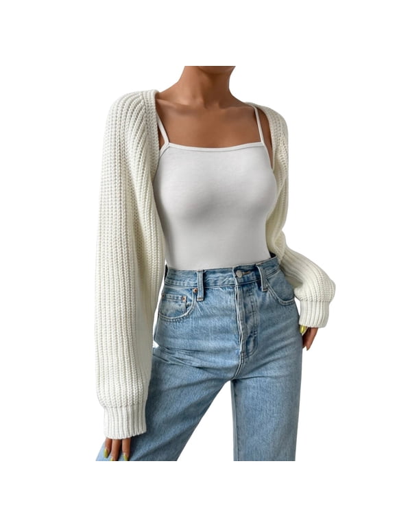 Women's Cropped Cardigan Open Front Long Sleeve Ribbed Knit Sweater Bolero Shrugs Lightweight Y2K Trendy Loose Fit Outfits Z001-White L
