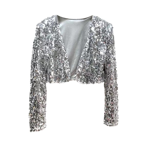Women's Cropped Cardigan Open Front Long Sleeve Sparkly Sequin Jacket Party Clubwear Shrug