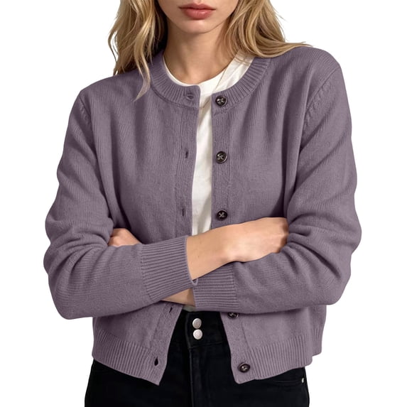 Women's Cropped Cardigan Sweater Button Front Crew Neck Tops