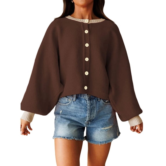 Women's Cropped Cardigan Sweaters Fall Long Sleeve Open Front Color Block Knit Outwear Coats Brown L