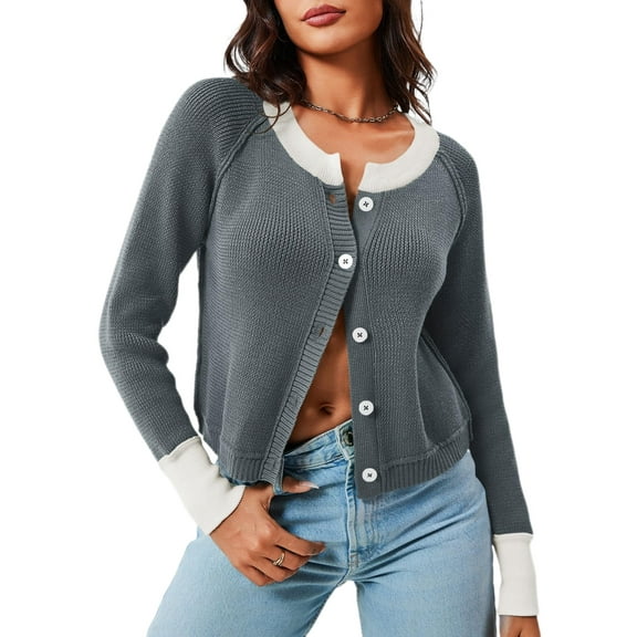 Women's Cropped Cardigan Sweaters with Button Down Open Front Long Sleeve Fall Trendy Color Block Knit Coats