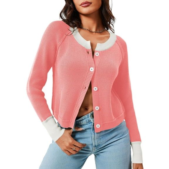 Women's Cropped Cardigan Sweaters with Button Down Open Front Long Sleeve Fall Trendy Color Block Knit Coats