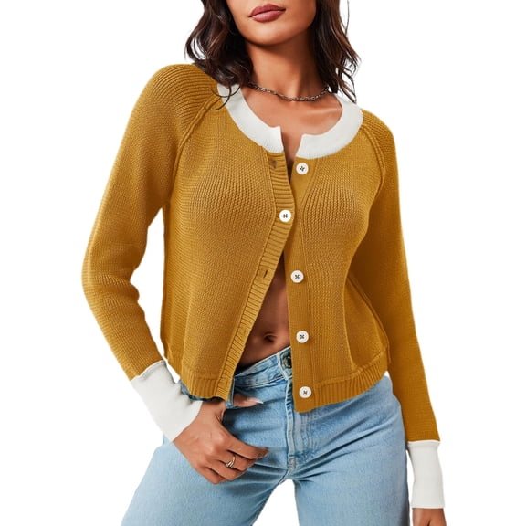 Women's Cropped Cardigan Sweaters with Button Down Open Front Long Sleeve Fall Trendy Color Block Knit Coats