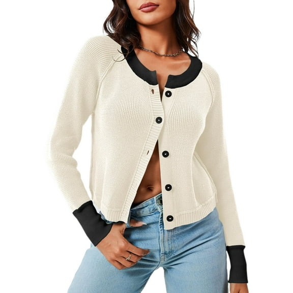Women's Cropped Cardigan Sweaters with Button Down Open Front Long Sleeve Fall Trendy Color Block Knit Coats